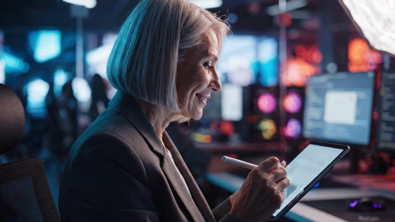Professionelle Frau bei digitaler Produktivität an einem modernen Tech-Arbeitsplatz, die ein Tablet nutzt, um den Workflow und kreative Lösungen in einem dynamischen Umfeld zu verbessern