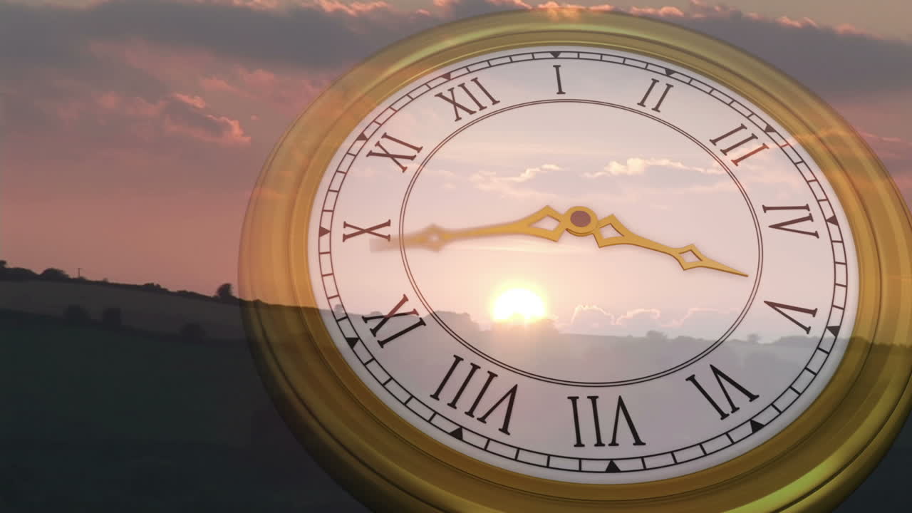 Clock ticking against sun setting