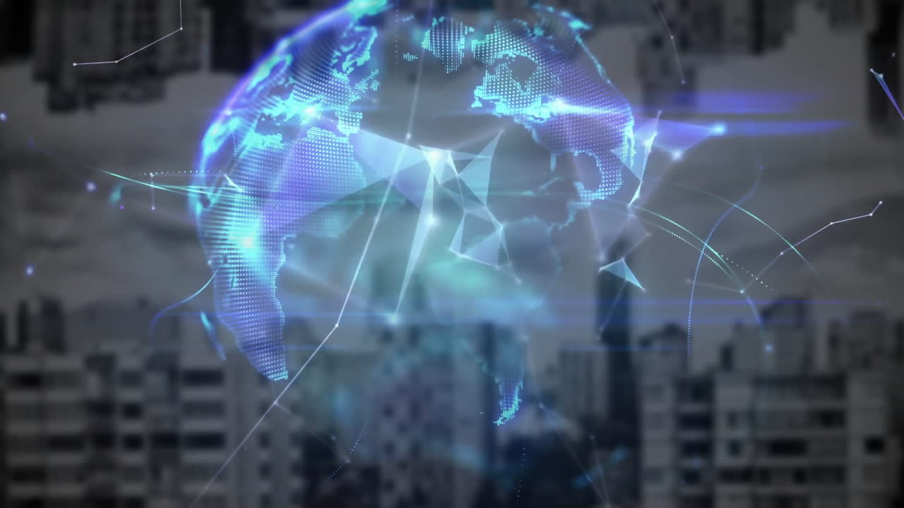 Digital globe with network connections overlaying cityscape in futuristic animation