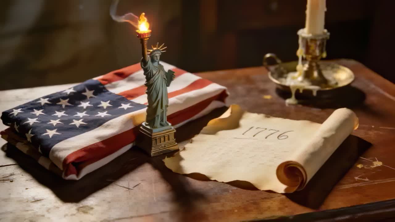 Torch flaring Liberty statue emitting smoke at desk with US flag, 1776 scroll, brass candle