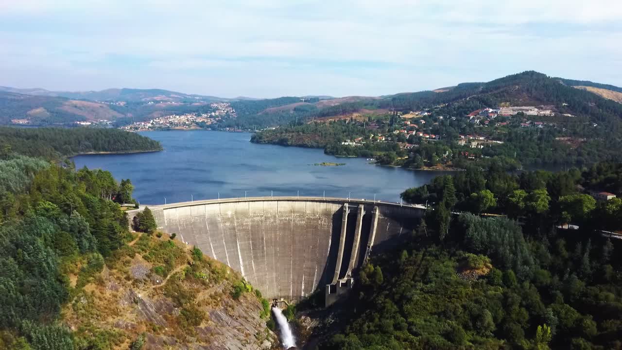 Dam located in Montalegre, Portugal - Drone shot aerial view forward movement
