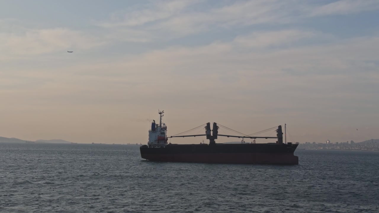 Toma amplia de un gran buque de carga a granel anclado en aguas marinas tranquilas y brumosas bajo un cielo suave durante el día, escena de transporte marítimo comercial y comercio marítimo en la costa de Turquía.