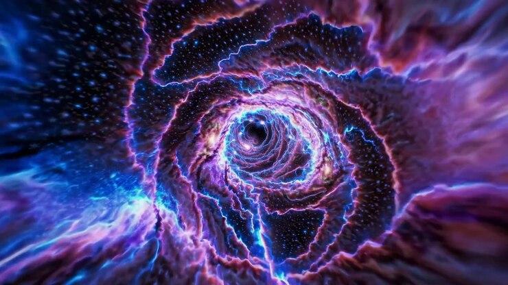 Tunnel cosmico astratto a wormhole con energia blu e viola vorticante