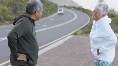 Happy-senior-biracial-couple-resting-at-road-in-mountains