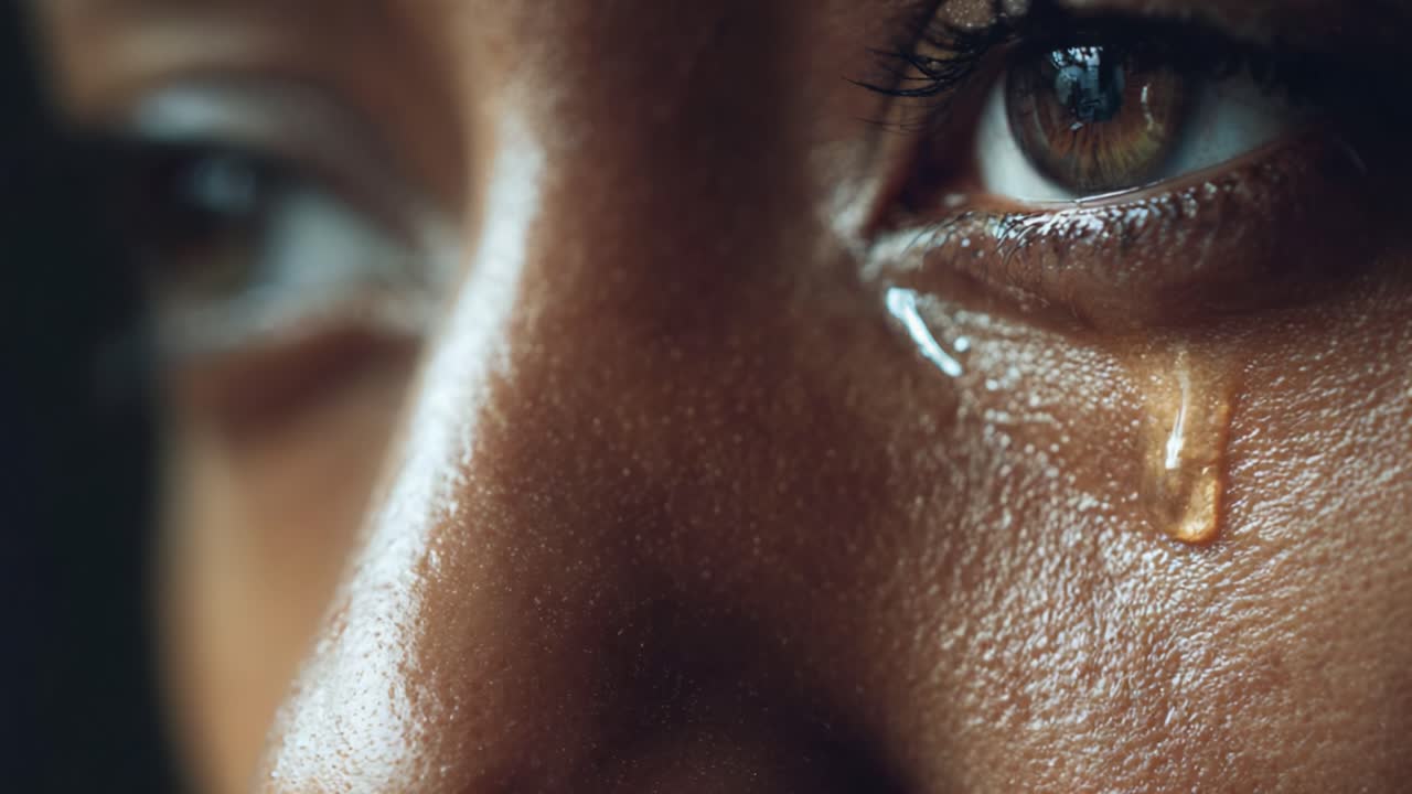 An Intense Close-Up of Emotion: A Tear Rolling Down the Cheek, Capturing the Depth of Human Feelings and Vulnerability in a Moment of Reflection