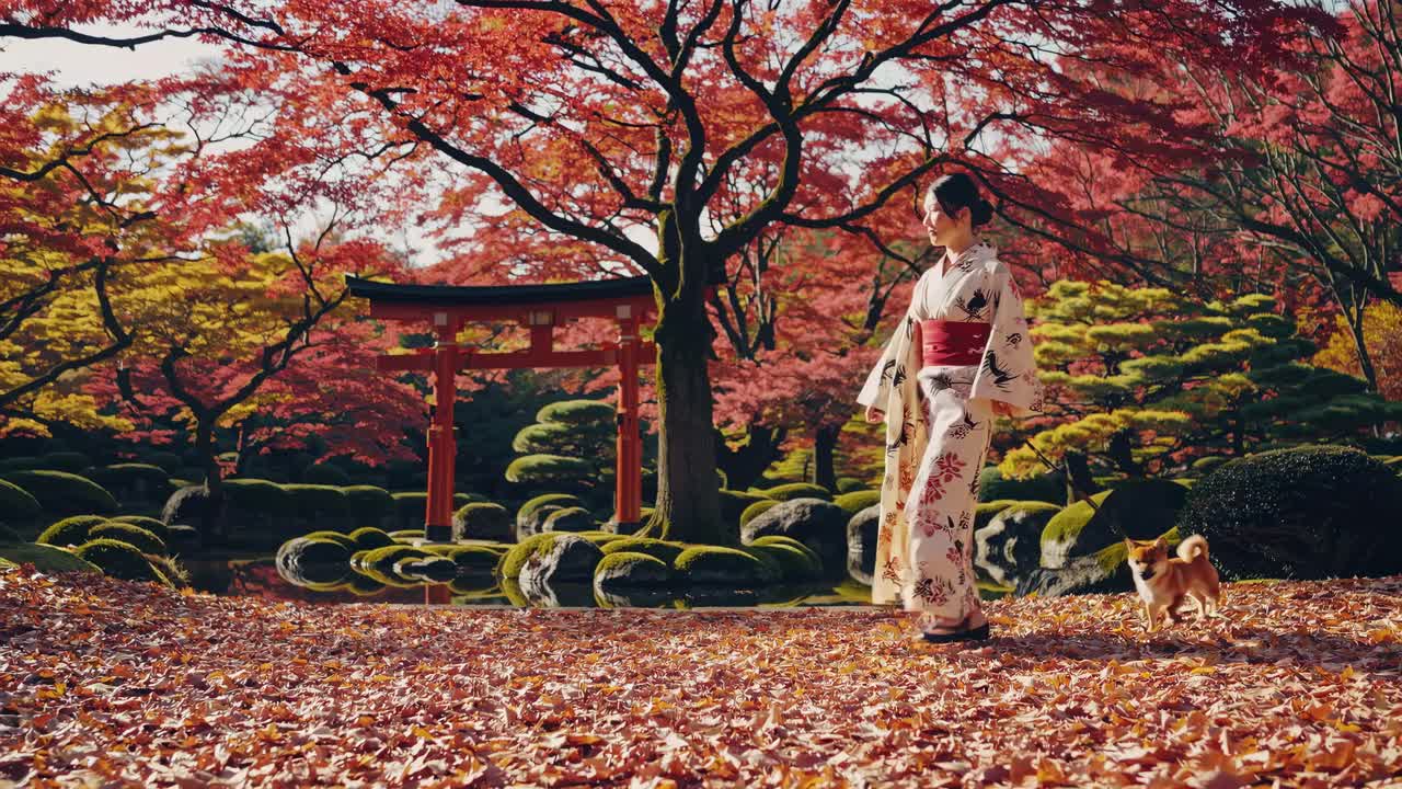 Una donna in kimono porta a spasso un cane in un vivace giardino giapponese