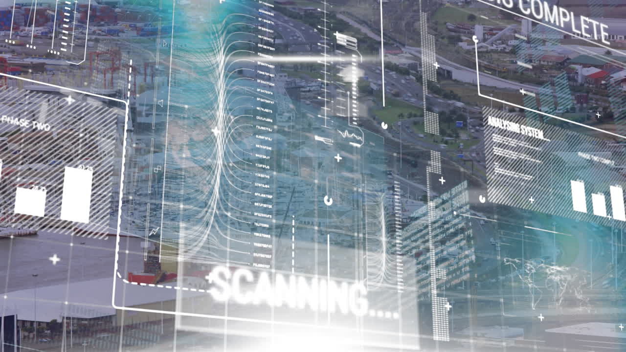 Animation of digital screen with diverse data and graphs processing over road traffic