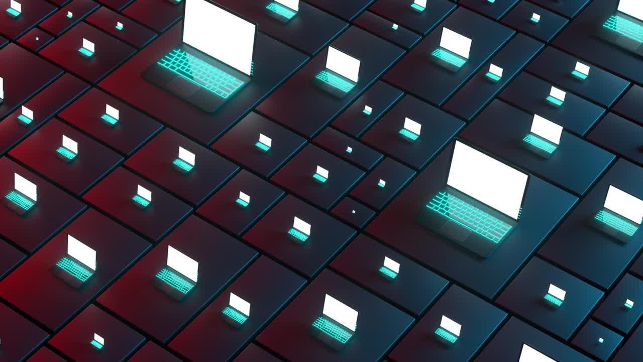 conjunto de muchas computadoras portátiles abiertas con pantallas brillantes y luz roja y azul. animación 4k, bucle infinito
