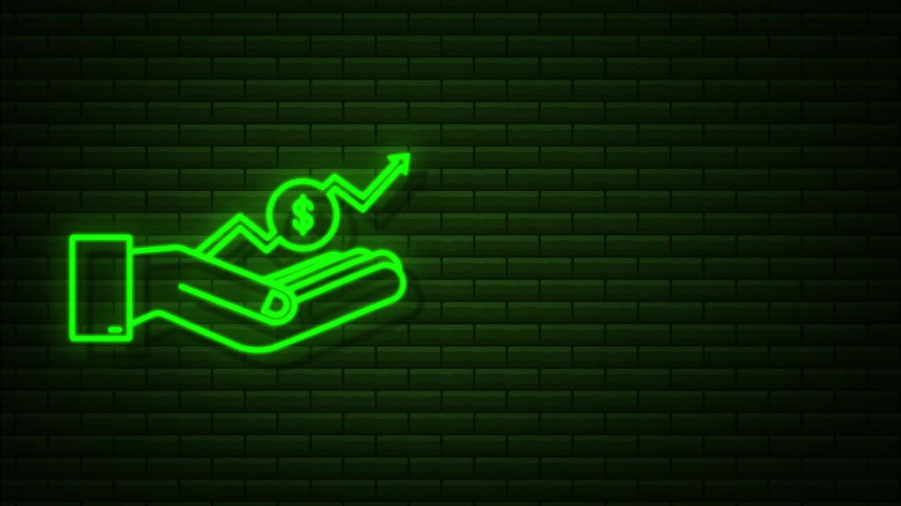 네온 이익, 돈, 예산, 현금 및 상승 그래프 화살표, 자본 수익, 이익, 모션 그래픽