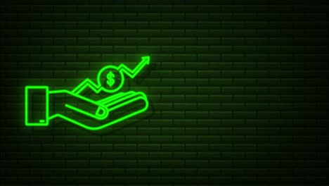 neon ganancias dinero o presupuesto. efectivo y gráfico ascendente flecha en las manos. ganancias de capital, beneficio. gráfico de movimiento