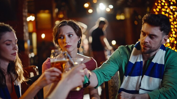 Primo piano di millennial tristi che guardano una partita sportiva in TV in un bar buio. Amici sconvolti