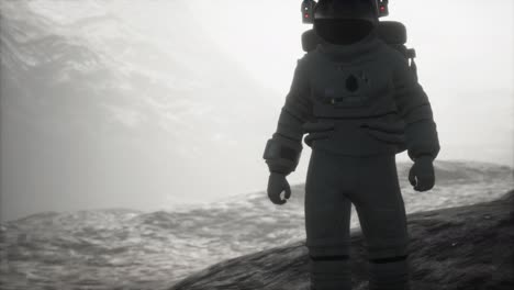 astronaut on another planet with dust and fog