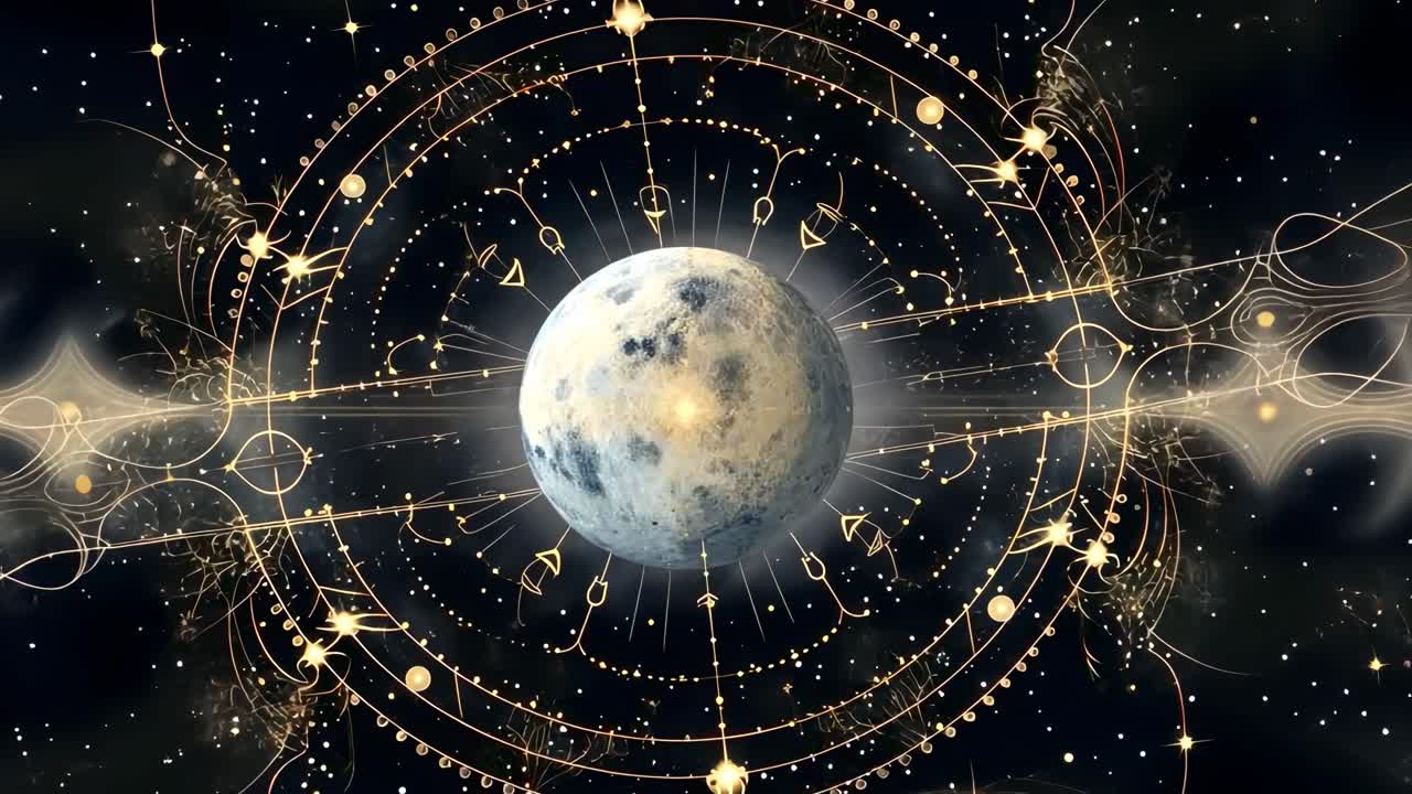 A cosmic-themed video features a top-down view of a planet surrounded by intricate