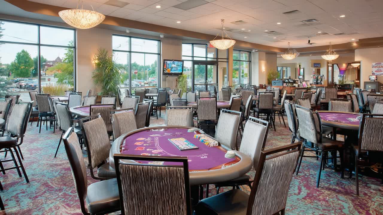 A Spacious and Elegant Casino Interior Featuring Empty Tables Ready for Gaming and Social Interaction, Bathed in Natural Light from Large Windows