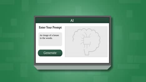 animación del cerebro con texto ai e imágenes de casa en el bosque sobre fondo verde.