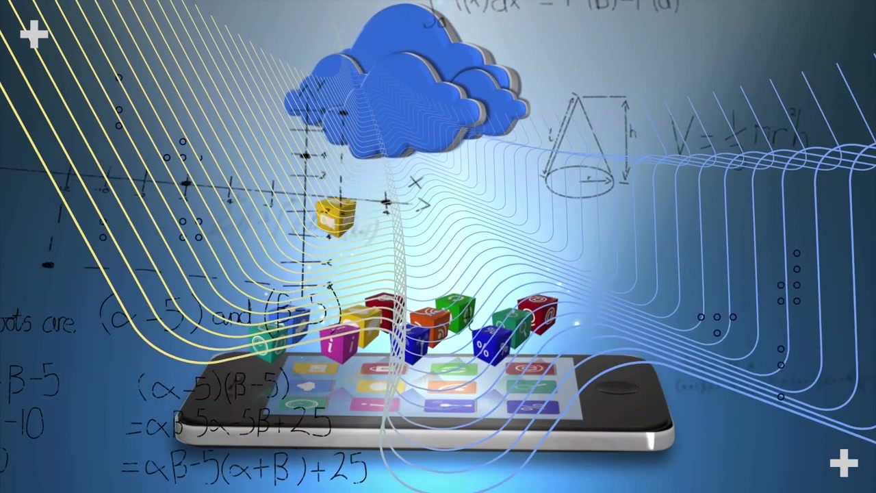 Animation of shapes over smartphone with icons and mathematical equations on blue background
