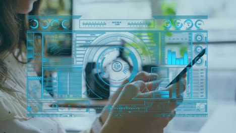 Animation of financial data processing over businesswoman talking on phone