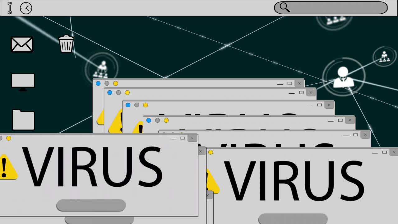 animación de una pantalla digital con texto de virus a través de una red de conexiones