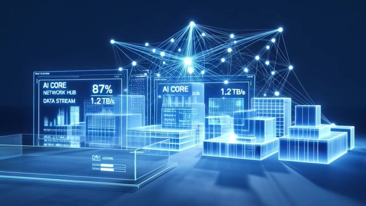 Digital Holographic Cityscape with AI Data Network Visualization