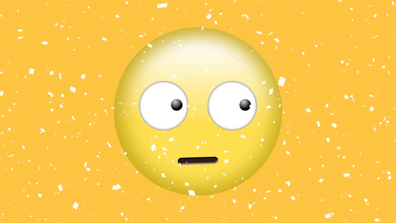 animación digital de confeti blanco cayendo sobre un emoji de cara confusa sobre un fondo amarillo