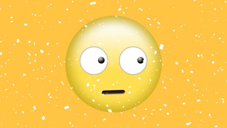 digital animation of white confetti falling over confused face emoji on yellow background