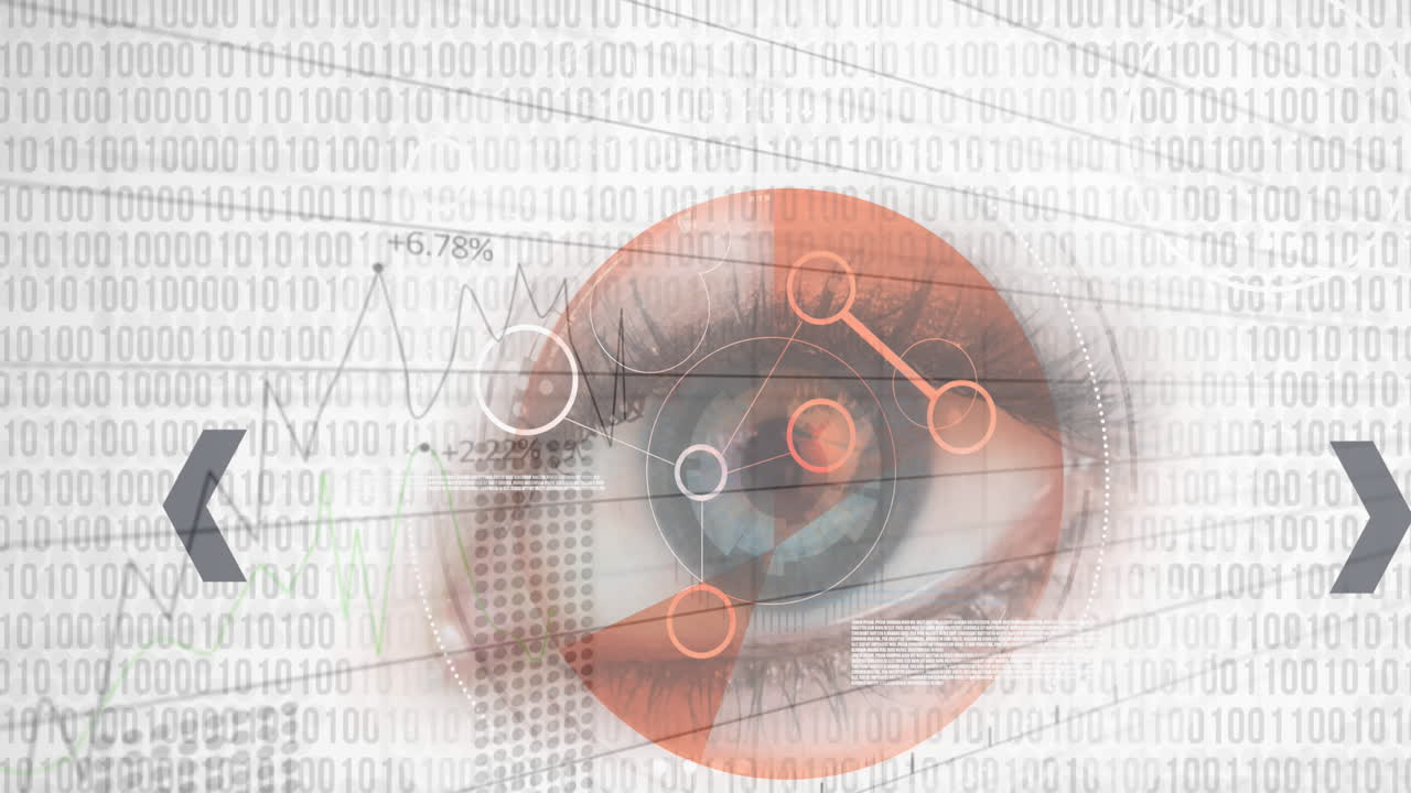 animación de iconos digitales con red de conexiones sobre el ojo y codificación binaria