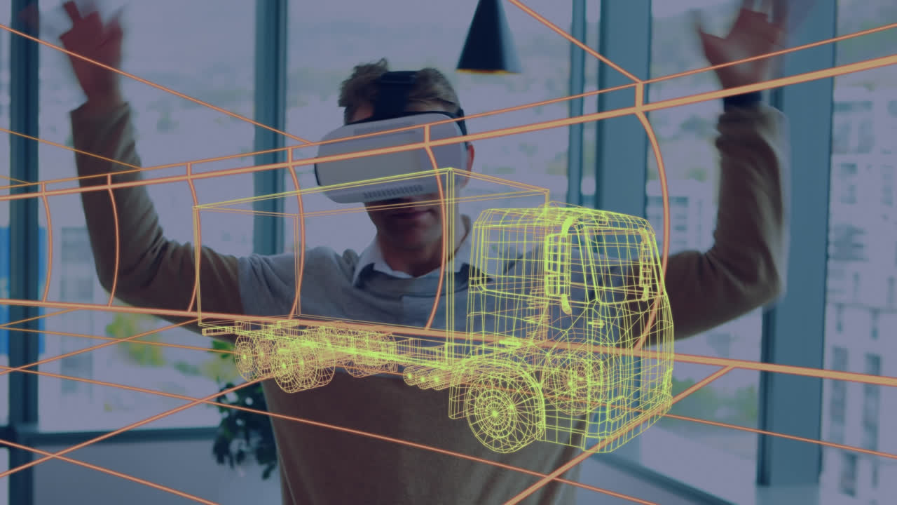 animación de dibujo 3d digital de un coche sobre un hombre usando auriculares vr