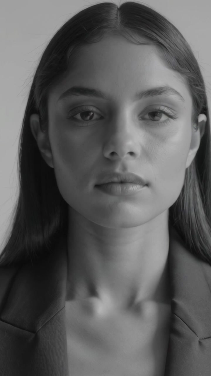 Vertical video: Camera cueing woman in studio holding gaze blinking parting lips, blazer for ad