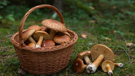 a bountiful harvest: a woven basket overflowing with freshly foraged mushrooms in a peaceful forest setting