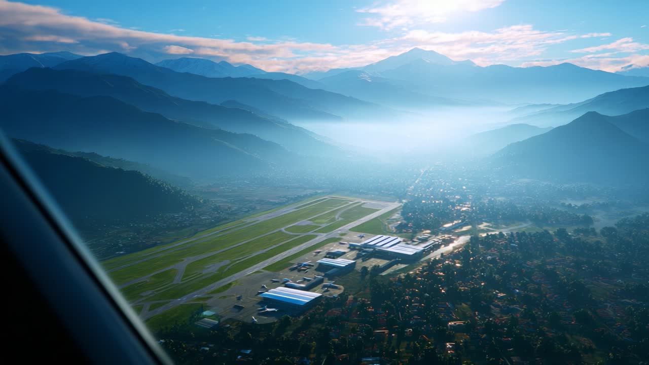 A Breathtaking Aerial View of an Airport Surrounded by Majestic Mountains and Soft Morning Light, Capturing the Serenity of Nature and Man-Made Structures Against a Stunning Landscape