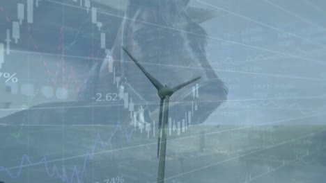 Animation-of-graphs-and-financial-data-over-wind-turbine-and-a-horse