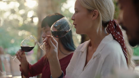 best friends celebrating at dinner party two women drinking wine making toast enjoying summer reunion gathering sitting at table outdoors at sunset 4k