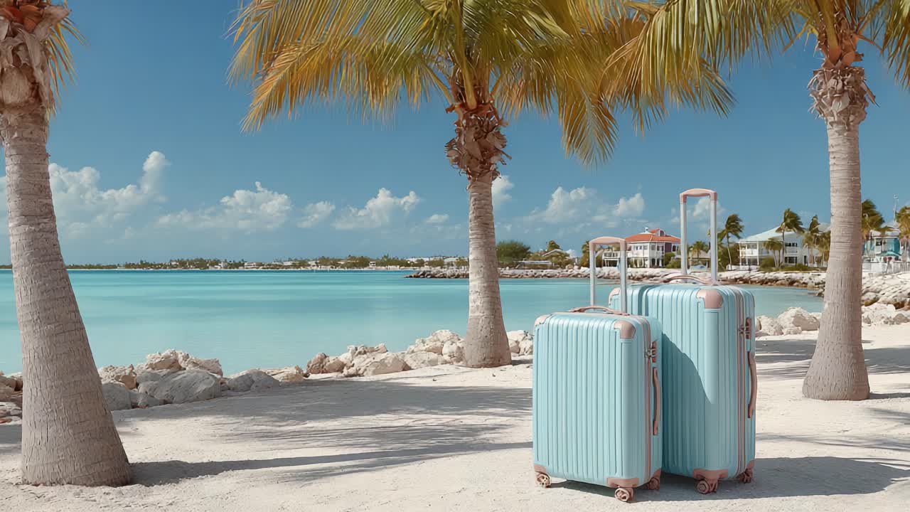Zwei schicke Koffer liegen auf weichem Sand unter üppigen Palmen mit Blick auf einen ruhigen tropischen Ozean mit klarem, blauem Wasser und einem strahlend hellen Himmel, perfekt für einen Urlaub.