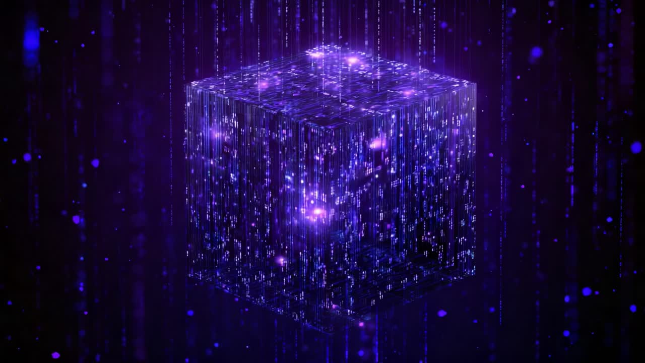 Futuristic purple cube rotating and processing big data with glowing digital streams of information. Concept of artificial intelligence, machine learning, and advanced quantum computing technology