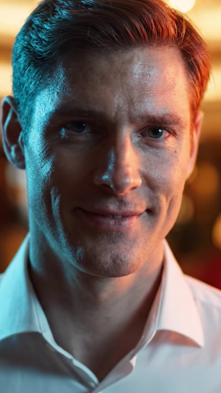 Un primo piano accattivante di un uomo sorridente in abbigliamento sofisticato, con un effetto di luce dinamico che ne evidenzia i tratti e l'espressione in un ambiente elegante.