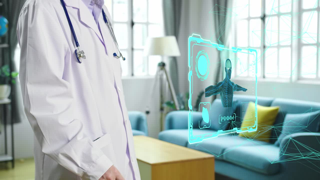 Asian Male Doctor Touching On 3D Human Brain, Medical Technology Concept