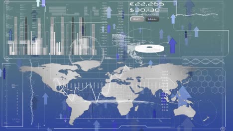 Animation-of-multiple-graphs-with-map-and-arrows-moving-upwards-on-abstract-background