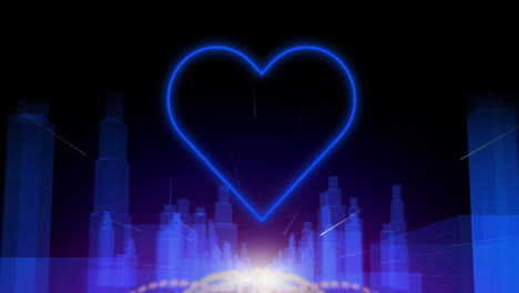 animation of blue neon heart flashing over blue cityscape on black