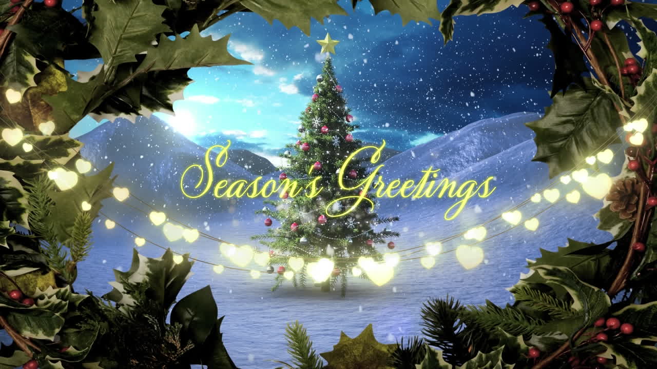 계절에 대한 꽃받침의 애니메이션 축하 문자 배너 요정 조명과 크리스마스 트리