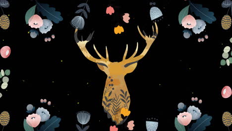 animación de flores y diseño de cabeza de ciervo en negro con nieve cayendo