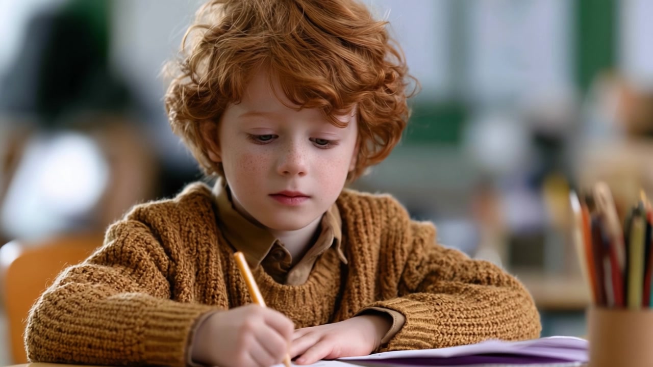 Un giovane studente concentrato sulla sua scrittura: catturare la concentrazione e la determinazione di un bambino impegnato in attività di apprendimento a scuola