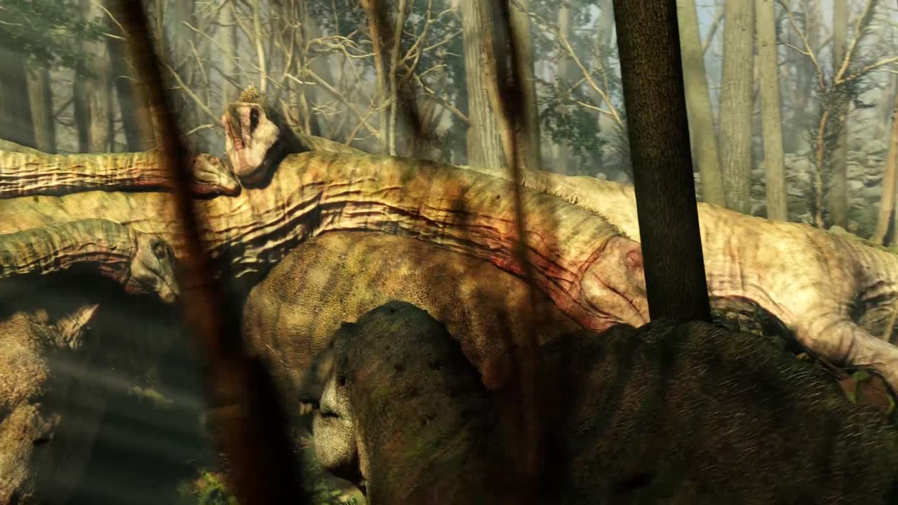 멸종된 공 ⁇ 인 마멘키사우루스 (mamenchisaurus) 와 티렉스 (t rex) 를 특징으로 하는 선사시대