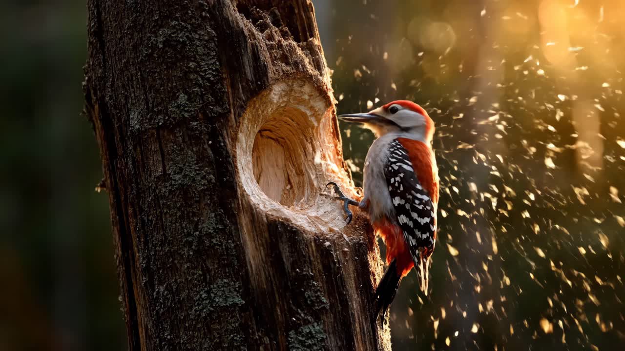 Un picchio al lavoro su un buco in un albero