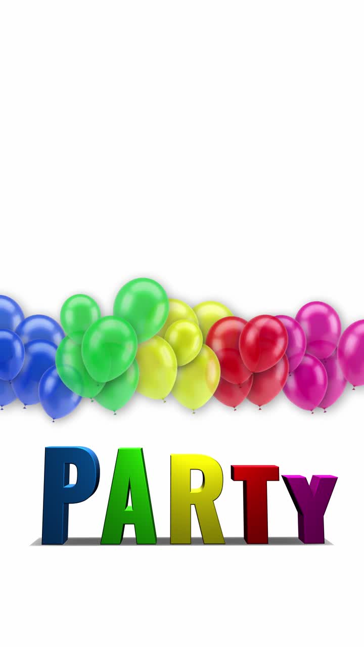 Vibrant 3D "PARTY" text animation with a bunch of colorful balloons floating behind it. High-quality seamless loop on a clean background, perfect for festive events, birthdays background