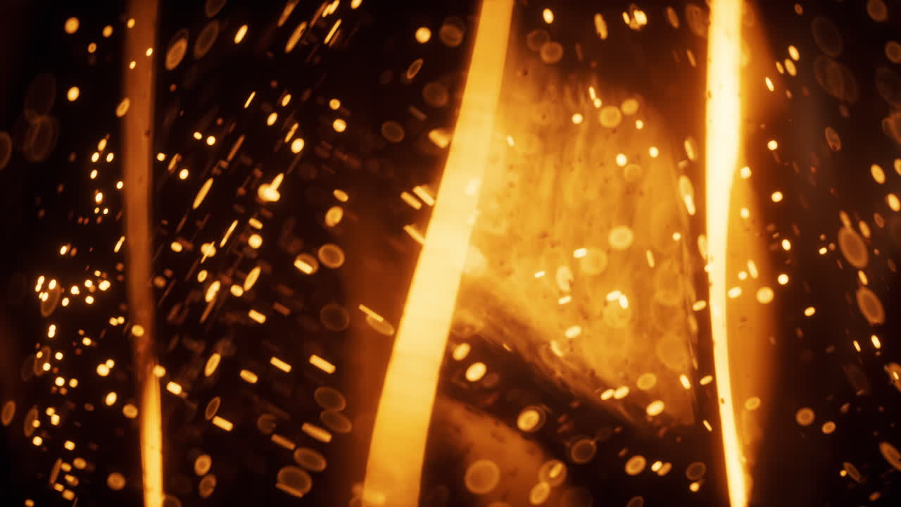 Golden glowing particles in glass geometry, 3d rendering.