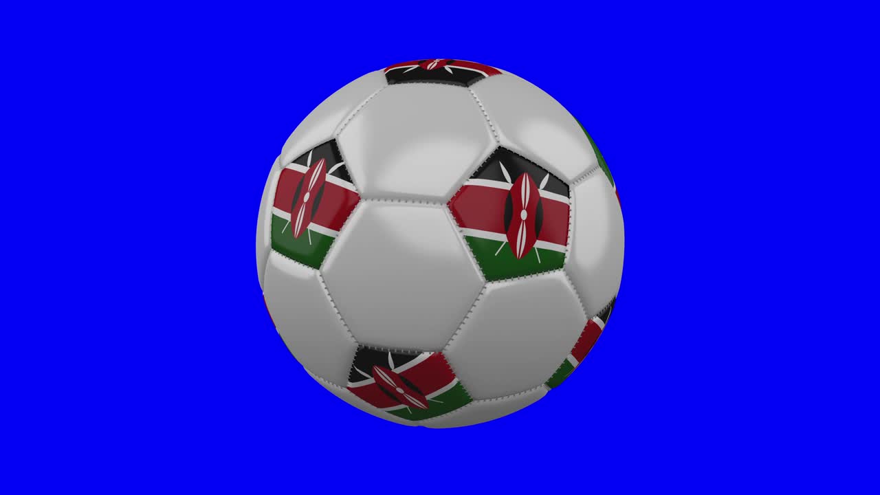 pelota de fútbol con bandera de kenya en fondo de clave de croma azul, bucle
