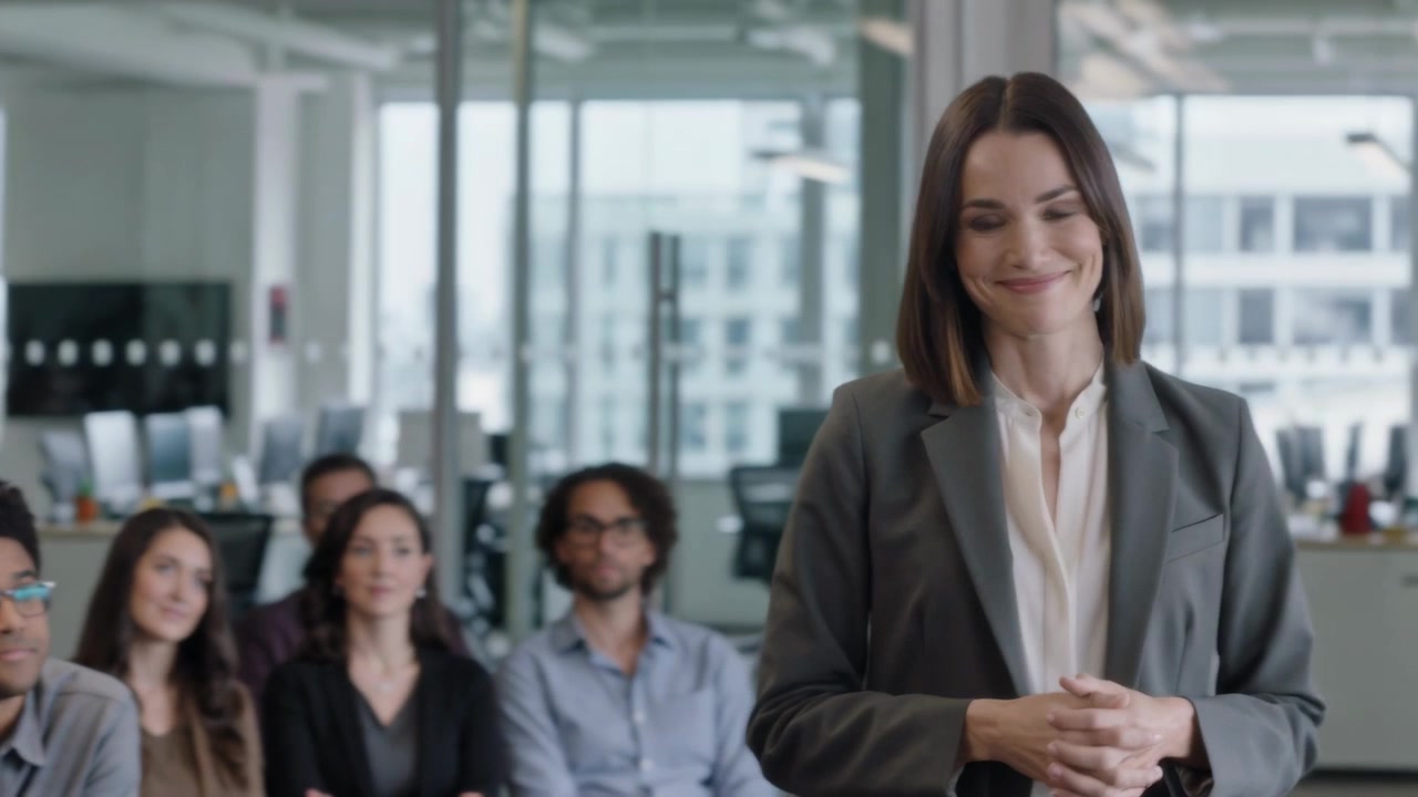 Mulher respondendo a uma consulta, liderando uma apresentação, gesticulando em uma sala de vidro com um gráfico, vestindo blazer cinza, com espaço para texto.