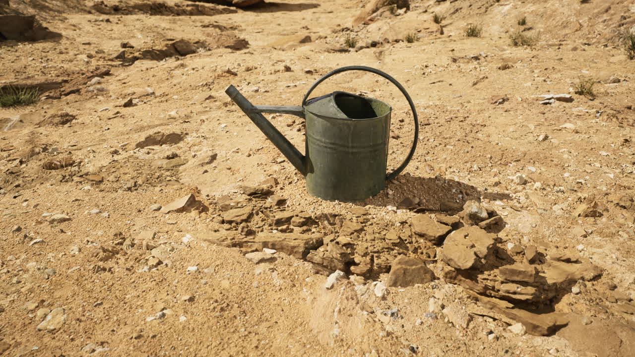 Metal watering can sitting on dry cracked ground in a desolate landscape