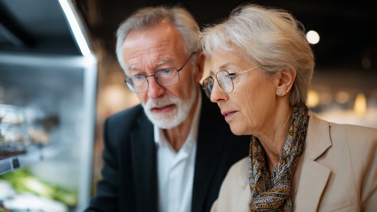 Two elderly individuals engaged in a focused discussion while examining items in a display case, illustrating the connection and curiosity that arises in shared moments of exploration and discovery