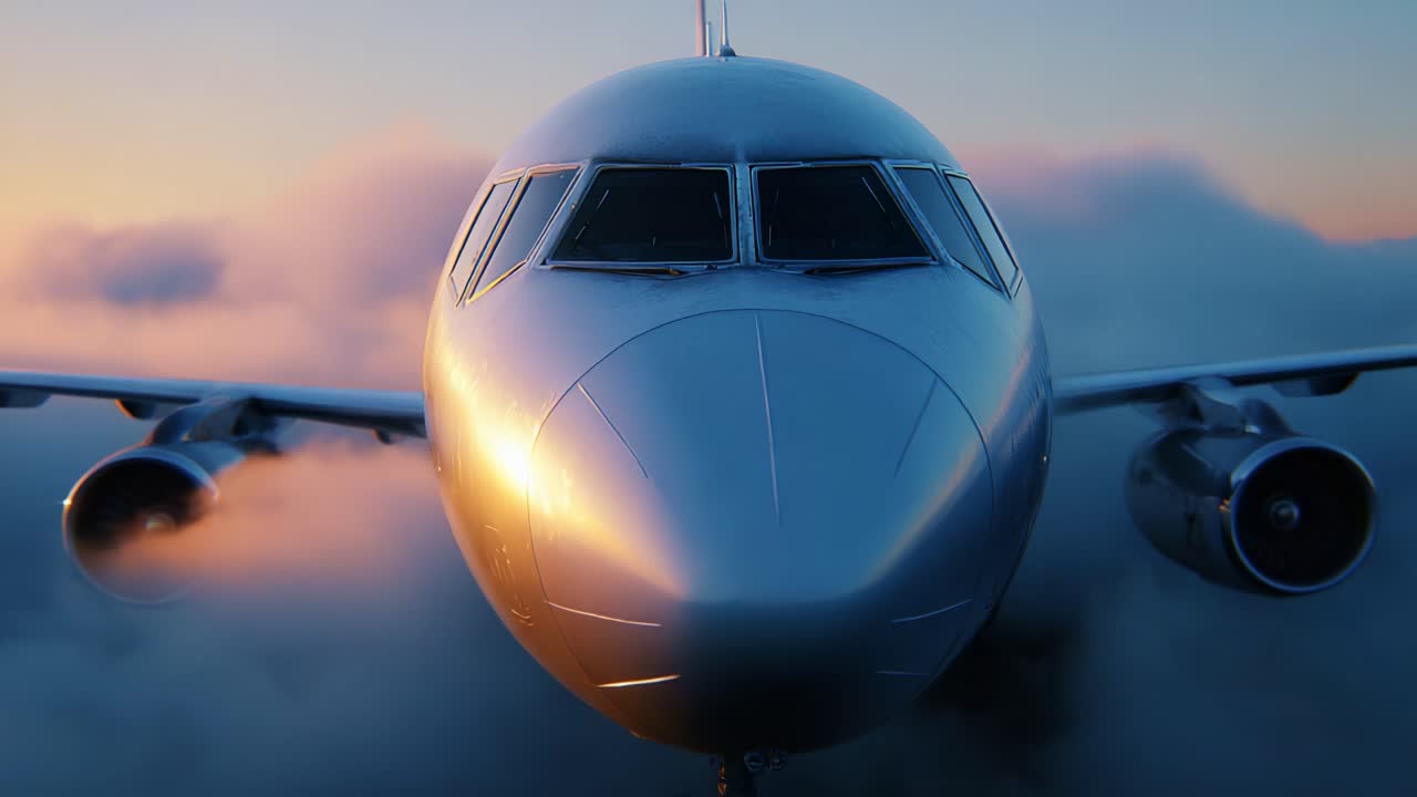 A Stunning View of an Airplane Flying at Twilight Amidst Soft Clouds, Capturing the Essence of Aviation with Gleaming Surfaces Reflecting the Dusk Light, Evoking a Sense of Adventure and Wonder in the Skies